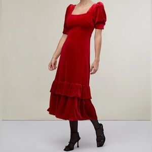 NWT Rachel Parcell Puff Sleeve Peplum Skirt Midi Dress Cherry Red Velvet